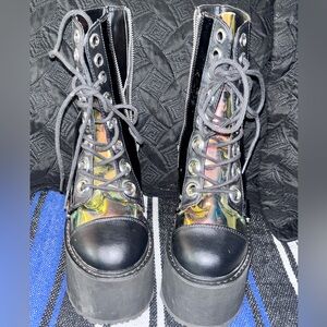 Demonia Holographic Black Lace Up Boots